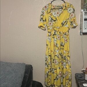 SHEIN Bright Yellow Floral Midi Dress